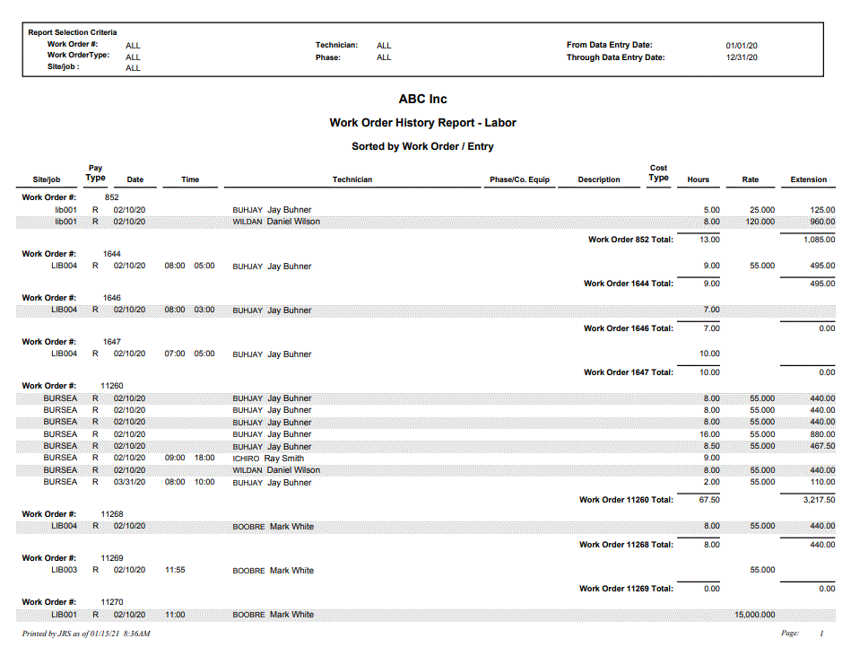 Work Order History Report - Labor | Trimble Help (beta)