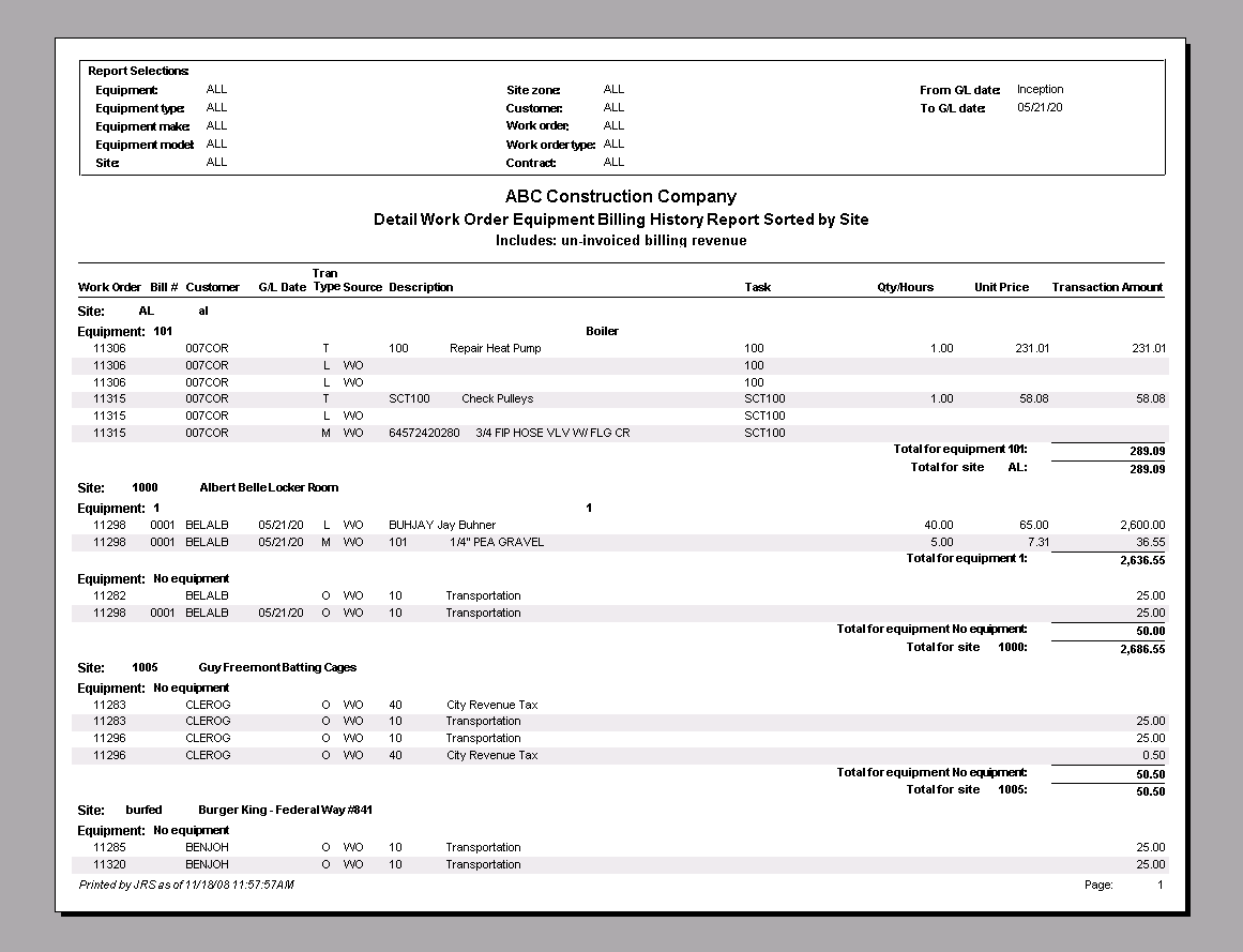 Work Order Equipment History Report - Billing detail | Trimble Help (beta)